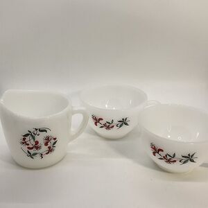 Vintage Fire King Milk Glass Honeysuckle Creamer and 2 Cups